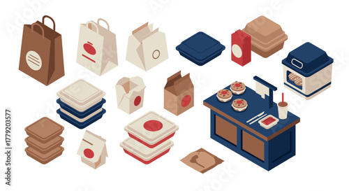 Isometric takeout packaging and fast food containers with oven and counter