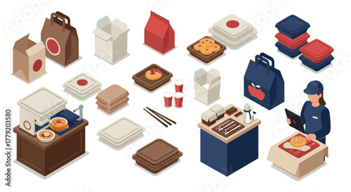 Isometric fast food packaging and delivery scene with employee preparing orders