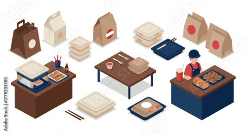 Isometric takeout scene with packaging, food containers, and vendor setup