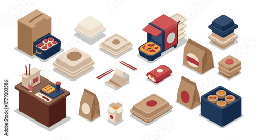 Isometric fast food packaging set with asian cuisine elements for delivery