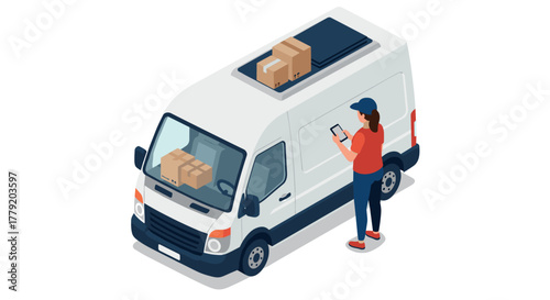 Delivery van with roof packages and courier using smartphone in isometric style