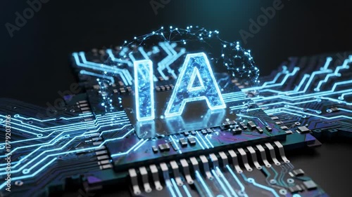 Microchip futurista de inteligencia artificial  IA con circuitos luminosos y red neuronal.

