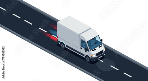 Delivery van on a highway in motion with speed trails in isometric style