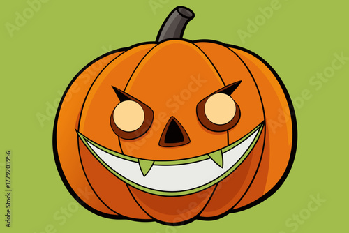 A spooky cartoon jack o lantern grinning with sharp fangs and glowing eyes on a simple green background