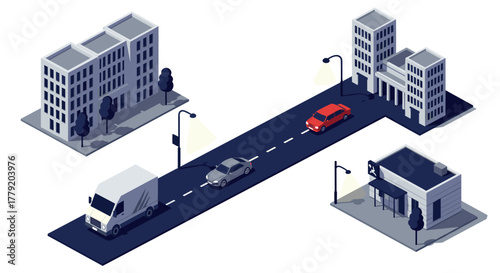 Urban street scene with vehicles and buildings in isometric style