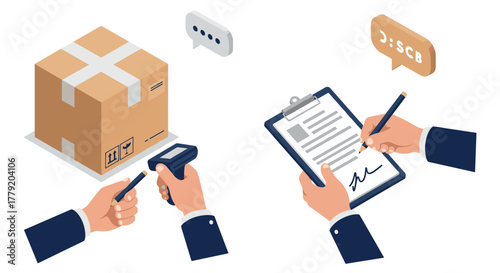 Isometric parcel delivery and signature process with barcode scanner and document