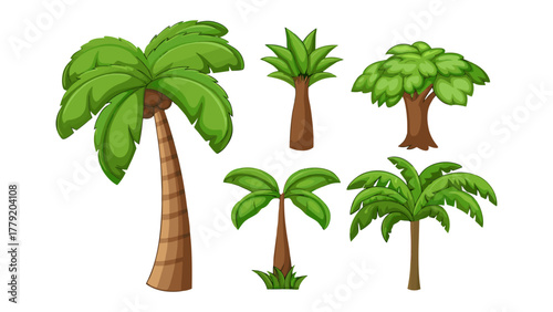 Tropical Tree Collection: A vibrant compilation of diverse tropical trees, each showcasing unique foliage and trunk characteristics, inviting viewers to explore the biodiversity of the tropics