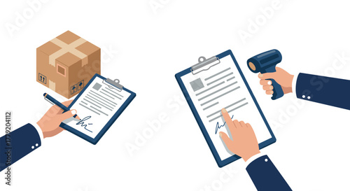 Isometric delivery process scanning and signing with parcel and document