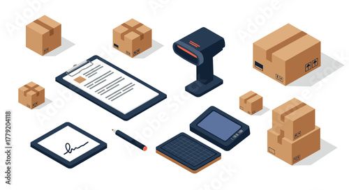 Isometric logistics elements barcode scanner, packages, and digital devices