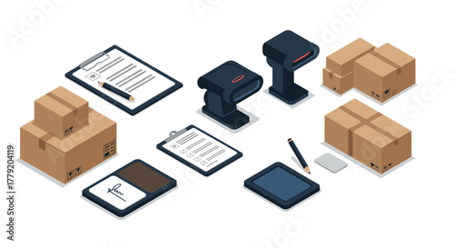 Isometric office supplies and package shipping elements on white background