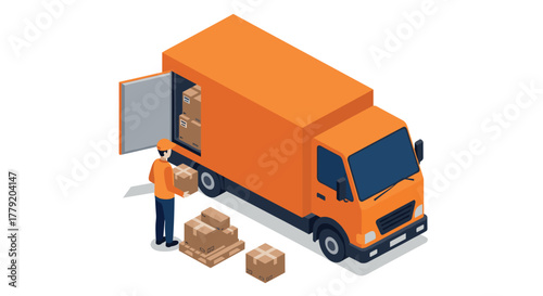 Isometric delivery truck with worker loading boxes in orange theme