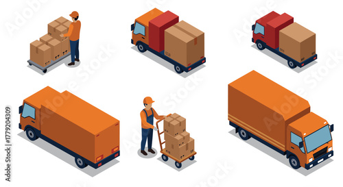 Isometric delivery trucks and workers handling packages in logistic set