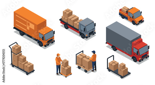 Isometric delivery vehicles and workers with packages for logistics and shipping