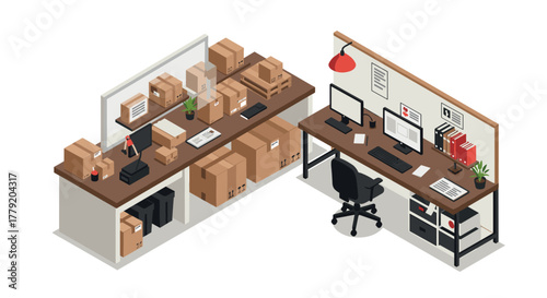 Isometric workspace with office and storage area featuring computers and cardboard boxes