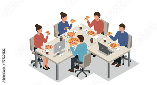 Office team enjoying pizza lunch together at work in a modern collaborative workspace