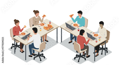 Office team enjoying pizza lunch break with laptops and coffee in an isometric workspace
