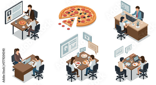 Isometric office meal break with pizza and business meeting scenarios
