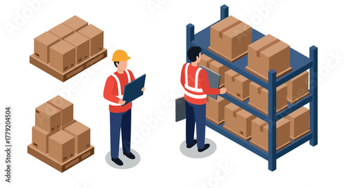 Warehouse workers organizing boxes on shelves in isometric style