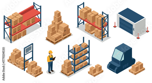 Modern isometric warehouse facility with forklift, shelves, and worker