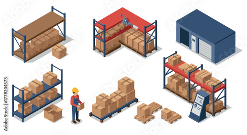 Isometric warehouse setup with worker and storage units for efficient logistic management
