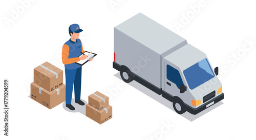 Delivery concept with courier and cargo van in isometric design