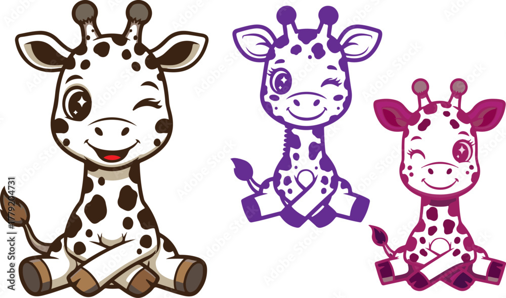 Naklejka premium Cute cartoon giraffe family sitting together against a black background design