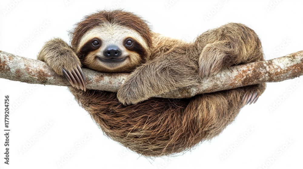 Naklejka premium A smiling sloth hangs from a branch. Perfect for articles about wildlife, children's encyclopaedias, souvenir design, or travel websites.