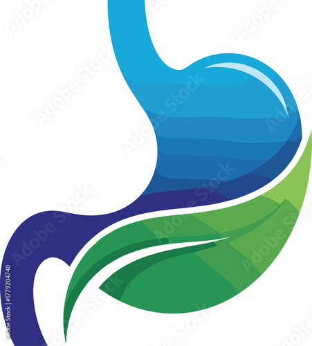 Healthy digestion system relief with green leaves, stomach organ digest icon supplement
