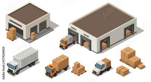 Isometric warehouse and delivery trucks with shipping boxes and containers