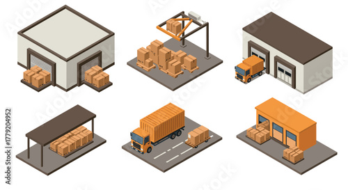 Isometric warehouse and distribution center set with trucks and cargo