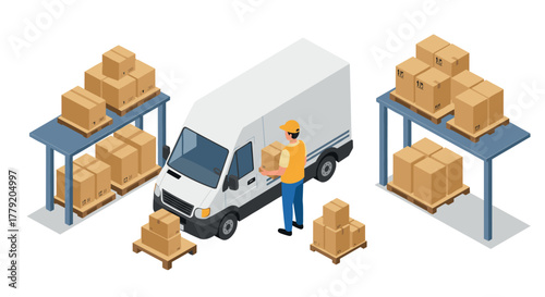 Isometric warehouse logistics with delivery truck and worker handling packages