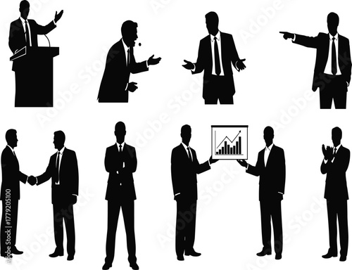 Business silhouettes, corporate professionals, handshake deal, public speaking, leadership pose, teamwork concept, growth presentation, confident gesture, cad drawing flat vector illustration
