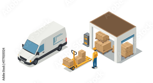 Isometric warehouse scene with delivery van and worker unloading packages