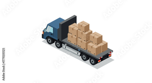 Isometric delivery truck with cardboard boxes on flatbed