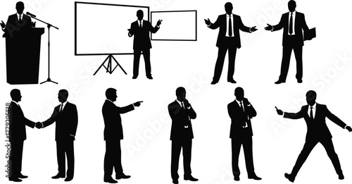 Business silhouettes, corporate professionals, handshake deal, leadership gesture, presentation scene, confident pose, teamwork concept, office interaction, cad drawing flat vector illustration