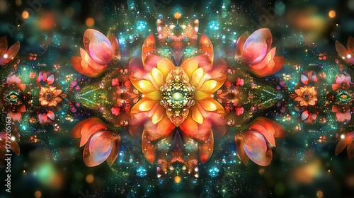 Floral arrangement showing symmetry with glowing effects including green, yellow, pink, and orange colors in a dark space.