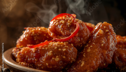 ultra realistic close up of honey chili glazed chicken wings with sesame and red chili on wooden platter