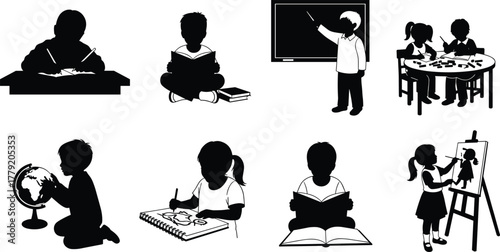 Children learning, kids studying, classroom activity, reading, writing, drawing, teaching, crafting, cad drawing flat vector illustration, silhouette icons