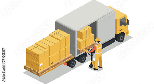 Isometric delivery truck with worker loading cardboard boxes