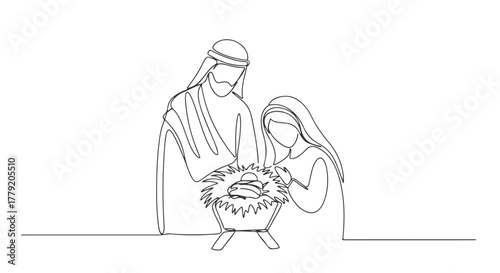 Continuous line drawing presenting essential Christmas symbols the Holy Family with Mary, Joseph, and infant Jesus in a manger, a minimalist vector illustration