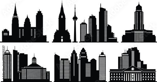 City skyline silhouette, urban architecture, modern buildings, classical structures, black vector illustration, CAD drawing, flat design, municipal landmark, stock image