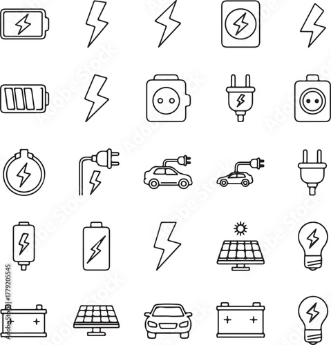 Electricity and Energy Icon Set Keywords: electricity, energy, power, battery, lightning bolt