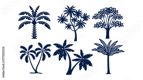 Diverse Tropical Flora Silhouettes: A curated set of six distinct tropical tree silhouettes in elegant shades of dark blue, offering a touch of serenity and aesthetic allure.