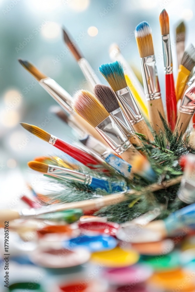 Fototapeta premium Vibrant paintbrushes in artistic arrangement with bokeh lights and colorful palette
