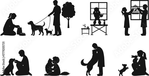 Dog care, pet feeding, dog walking, grooming scene, child hugging dog, animal love, family pet, cad drawing flat vector illustration**