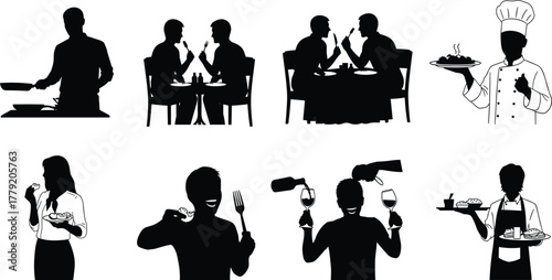 Dining, cooking, serving, eating, restaurant, chef, food, hospitality, silhouette, vector, illustration, black, white, people, meal, waiter, wine, kitchen, flat, cad drawing flat vector illustration