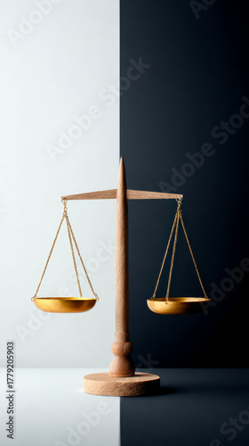 A minimalist image of a balance scale, symbolizing justice and equality, set against contrasting black and white backgrounds.