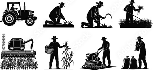 Farming silhouette, agricultural activity, crop harvesting, tractor, sickle, tiller, corn field, rural labor, cad drawing flat vector illustration