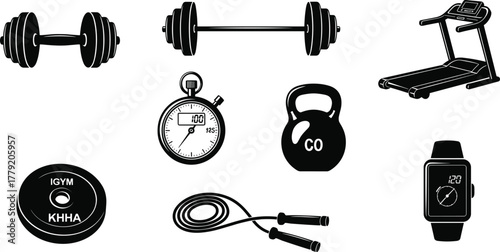 Fitness equipment, gym tools, workout gear, dumbbell, barbell, treadmill, stopwatch, smartwatch, kettlebell, jump rope, cad drawing flat vector illustration