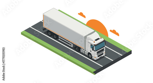 Isometric truck on highway at sunset with orange clouds and green landscape